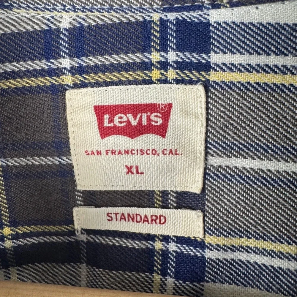 Levis Mens XL Standard Fit Plaid Flannel‎ Button Down Shirt Navy Grey White
